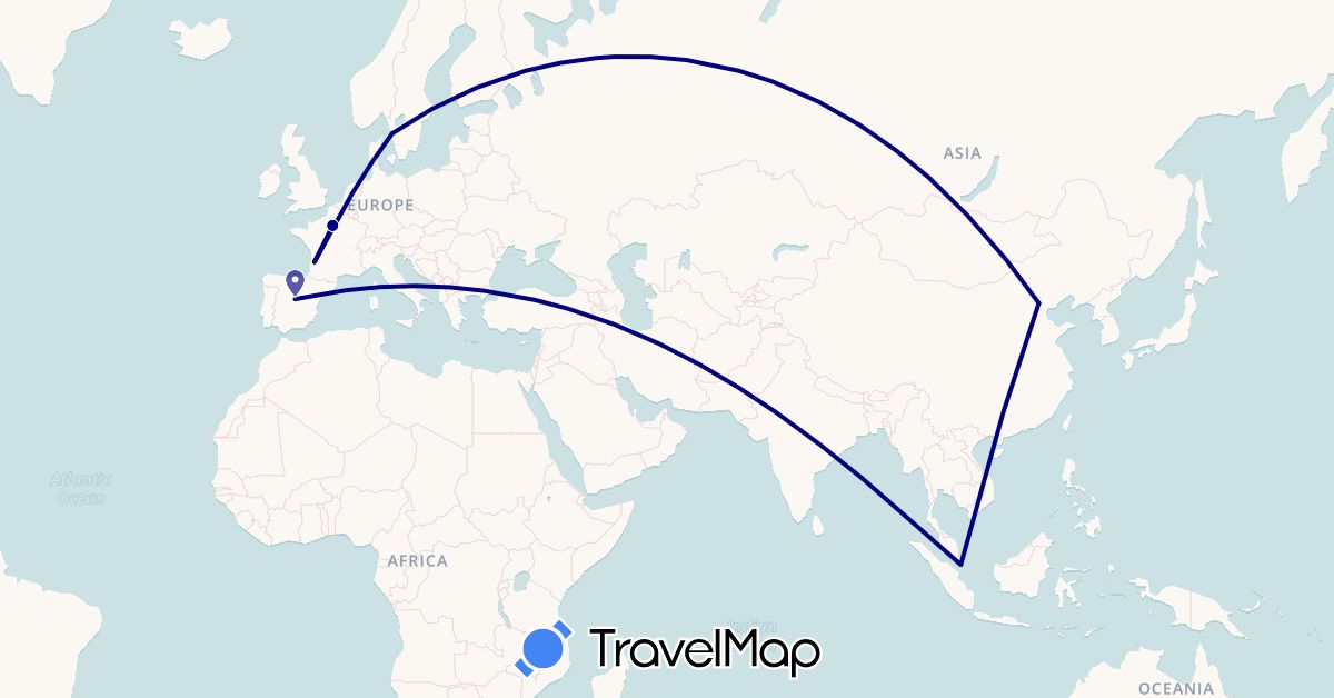 TravelMap itinerary: driving in China, Spain, France, Sweden, Singapore (Asia, Europe)